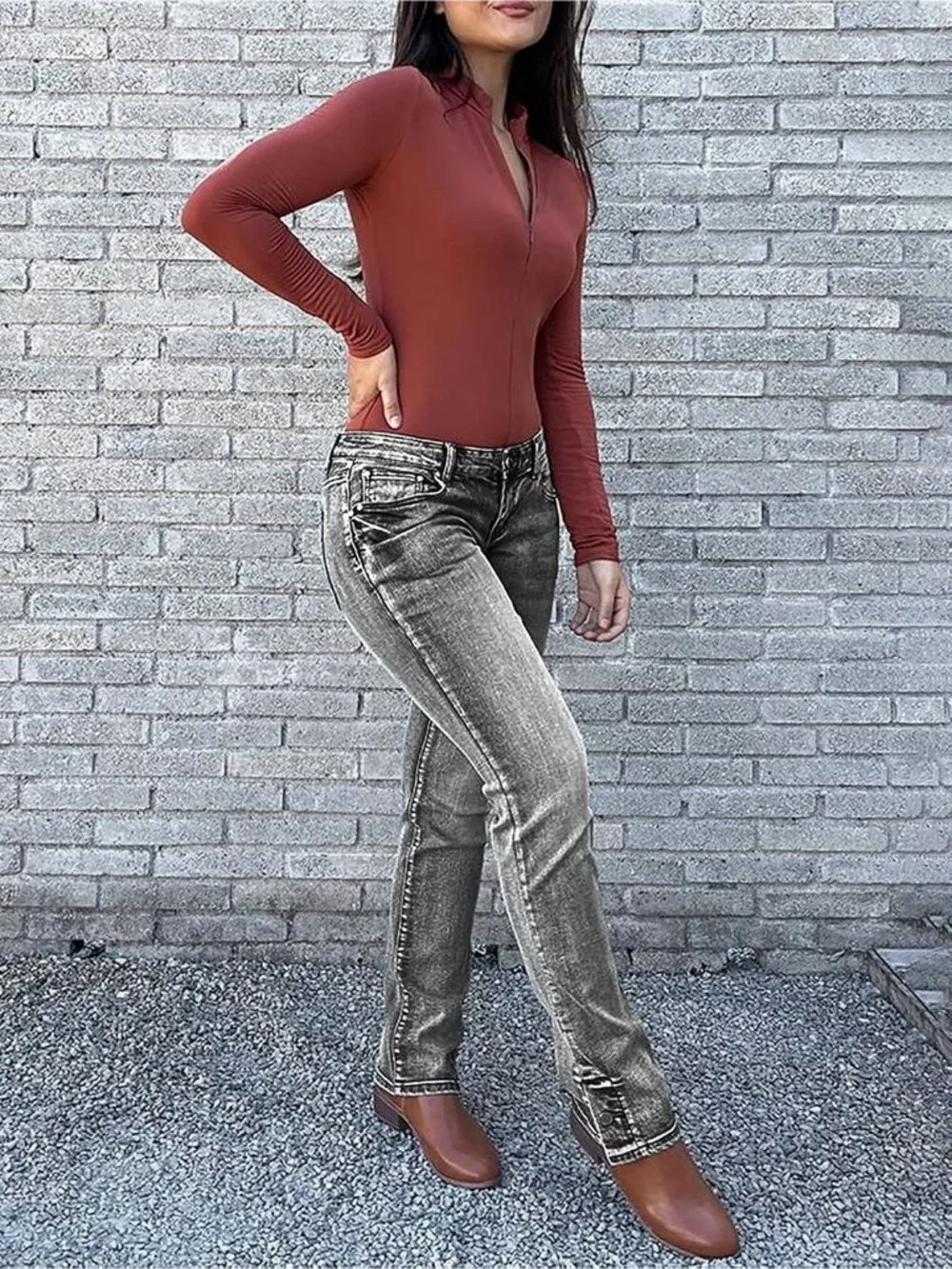 Women's Black Pull On Casual  Mid Rise Flare Leg Zipper Lifting Bootcut Jeans